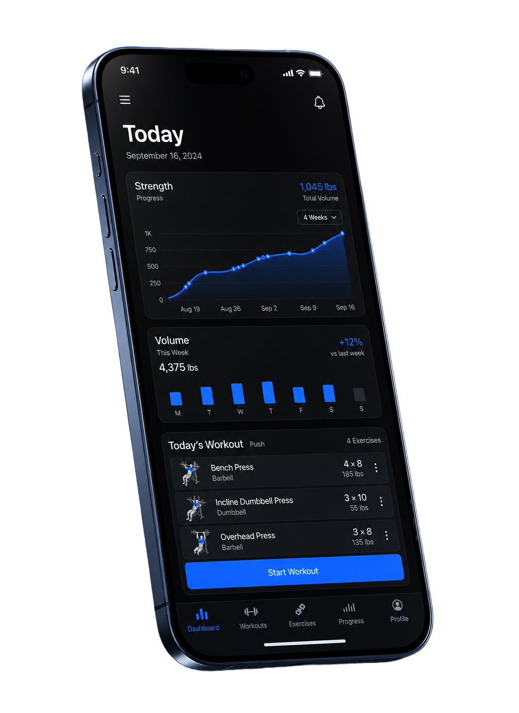 ModdLift app dashboard showing strength progress, weekly training volume, and today's workout